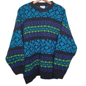Vintage 90s Arielle Sweater Women XL Black Blue Green Geometric Floral Retro USA